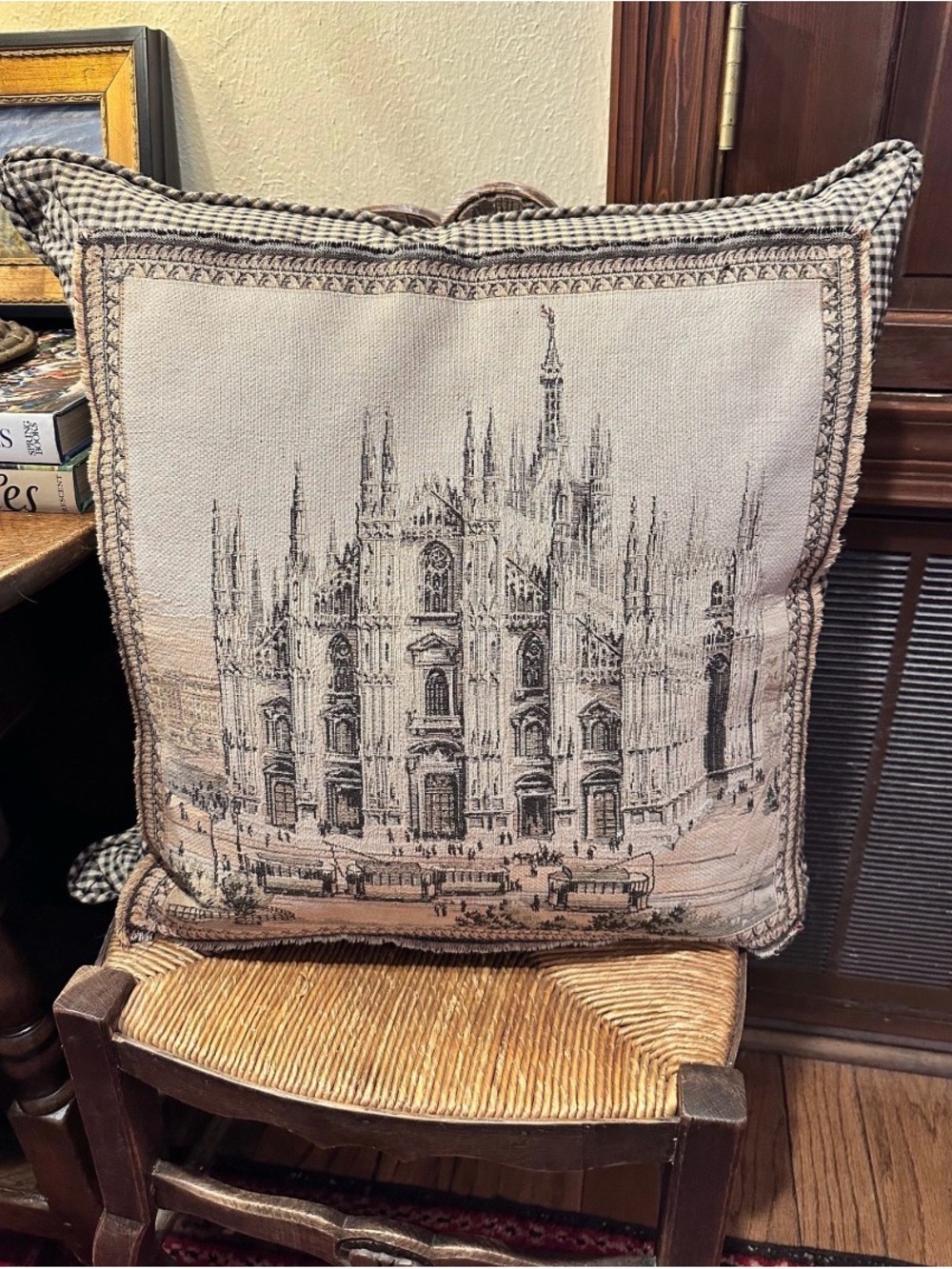 Decorative Architectural Print Throw Pillow - Beige and Black